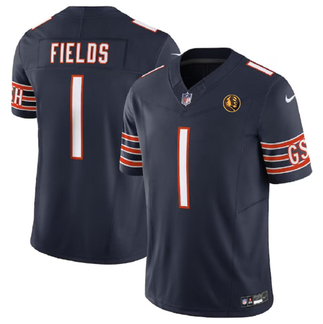 Men's Chicago Bears #1 Justin Fields Navy 2023 F.U.S.E. With John Madden Patch Vapor Limited Football Stitched Jersey